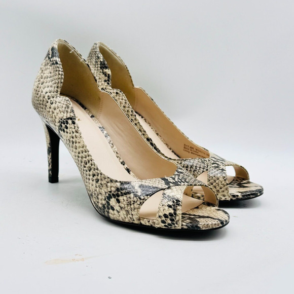Cole Haan Shoes Womens 9 Gray Black Cream Snake Print Heels Peep Toe Stilettos - Picture 1 of 13
